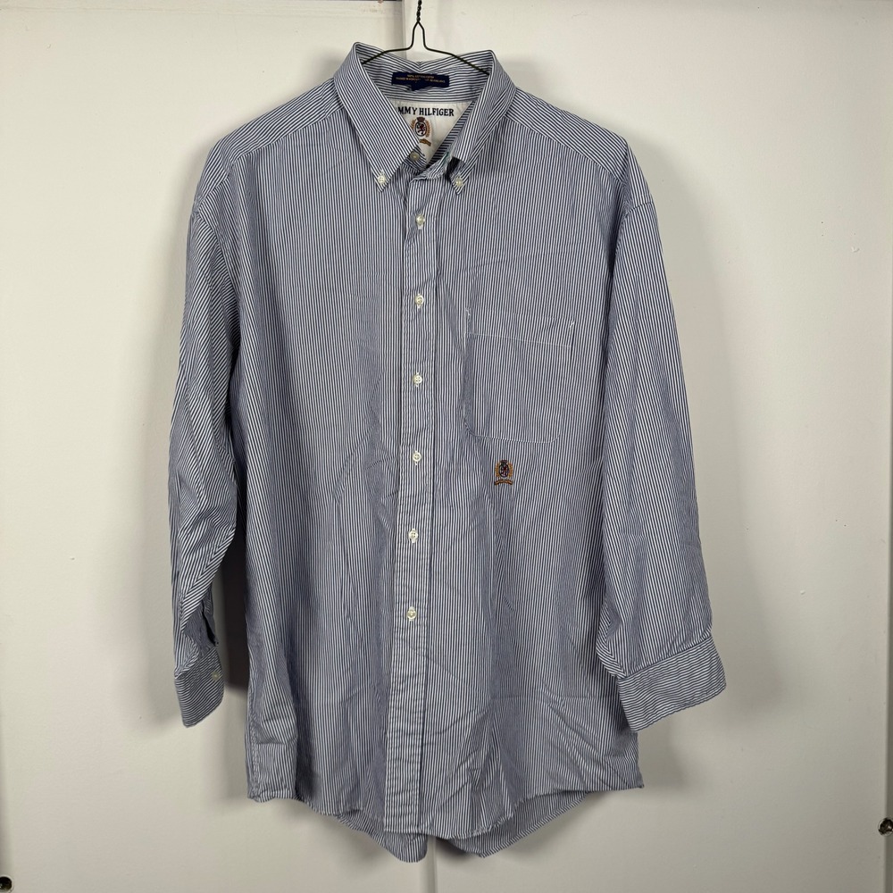 Tommy Hilfiger Mens Blue White Striped Crest Logo Button Down Shirt 17.5 33 L XL